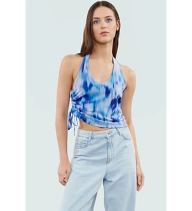 Yazlık Soyut Desenli Crop Bluz Boyundan Bağlamalı Örme Tül Kumaş Modern Stil Şık Görünüm (Mavi)
