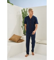 Pamuk %100 Kısa Kollu Erkek Önden Düğmeli Pijama Şık Tasarım (Lacivert)