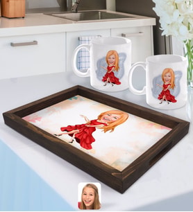 BK Gift Kişiye Özel Kadın Manken Karikatürlü Doğal Ahşap Tepsi ve 2’li Kupa Bardak Seti-1