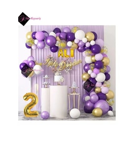 3 Harf İsimli 2 Yaş Macaron Mor Balon Zinciri Seti Gölge Mor Altın Balon Dekorasyon