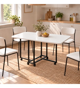 Katlanır Kanatlı Çok Amaçlı Yemek Masası Metal Ayak- Beyaz
