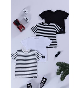 4'lü  Etiket Detaylı Cizgili Siyah Beyaz Tshirt