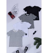 4'lü  Etiket Detaylı Cizgili Siyah Beyaz Tshirt