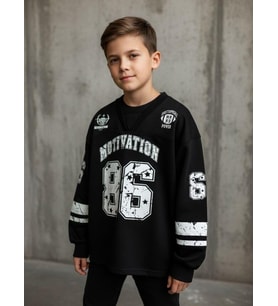 Çocuk V Yaka Baskılı Oversize Tasarım Sweatshirt (Siyah)