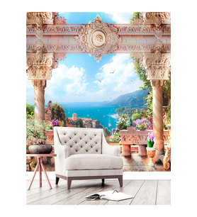 Dreamwall Şehir Ve Deniz Manzaralı Teras Desenli  Sağlıklı Tekstil Duvar Kağıdı (Çok Renkli)