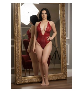 #Bodysuit Dantel Detaylı Transparan Esnek Şık Çekici Kadın Fantazi İç Giyim Kırmızı Taşlı Bodysuit