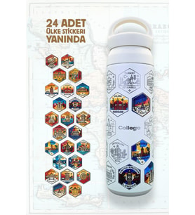 Collego 500 ml Erkeklere Özel Avrupa Seyahat Termosu VOYAGER NO1 – 24 Ülke Lazer İşlemeli, Renkli UV DTF Sticker Setli
