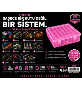 PS-24P Plastik Şeffaf Pembe Kutu Seti, 24 Küçük 1 Büyük Modüler Saklama, Organizer,Ambalaj Sistemi