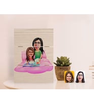 BK Gift Kişiye Özel Anneler Günü Temalı Anne Kız Karikatürlü Otantik Masaüstü Ahşap Palet Çerçeve-3 (Beyaz)