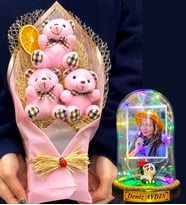 Kişiye Özel Renkli Led Işıklı Fanus ve Büyük Boy Pembe Ayıcık Buketi (Model 8)