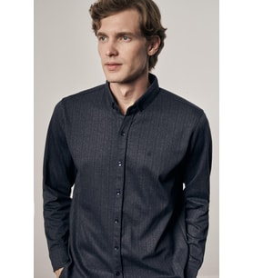 Koyu Lacivert Smart Düğmeli Yaka Uzun Kol Cepsiz Slim Fit Casual Gömlek 1004255172