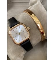 Cartier Bileklik ve Minimal Kadın Saati Seti Siyah Deri Kordon Çelik Kasa Kadın Kız Çocuk Kol Saati