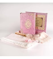 Şal + Seccade + Tesbih + Kuran Hediye Seti (Orta B. ŞemsLafzatullah Gold Pleksi Raşel Kutu, B.Pembe)