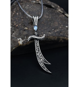Hz. Ali Zülfikar Kılıcı Aquamarine (AQUA MARİN) Taşlı Erkek Kolye Zincir 925 Ayar Gümüş 901128