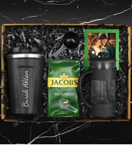 Kişiye Özel Starbucks Model Çelik Termos & Ölçekli French Press & 250 Gram Jacobs Filtre Kahve & Fotoğraf Çerçevesi Hediye Seti