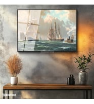 Siyah Renk Metal Çerçeveli Tamperli Cam Tablo John Stobart Denizde Yelkenliler Buharlı Ressam Tablosu Duvar Dekoru