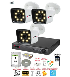 FURY 3 Kameralı 5mp Lens 1080p 2mp Color Görüntü 8 Warm Led Gece Görüş FullHd Güvenlik Kamera 5525W 1TB