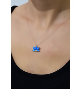 925 Ayar Gümüş Rose Kaplama Lacivert Opal Taşlı Lotus Kolye