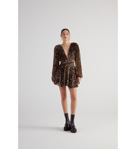 Leopar Desenli V Yaka Mini Janet Elbise Kahve
