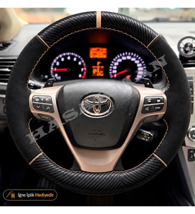 Toyota Verso Dikme Direksiyon Kılıfı Alcantara Süet Mat Karbon Bej Yüzük ve Dikiş Elegant-Premium 2013-2018