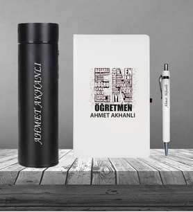 Öğretmeler Günü En Tasarım Kişiye Özel Kenarı Boyalı Cilt Bezi Defter Kalem Dereceli Termos Seti (Siyah)