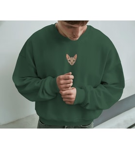 Erkek Sphynx (Tüysüz) Kedisi Desenli Sweatshirt – Minimal Göğüs Baskılı, Unisex Rahat Kalıp (Koyu Yeşil)