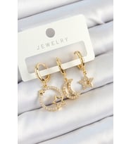 Pirinç Zirkon Taşlı Yıldız Ve Ay Model Gold Renk 3'lü Kadın Küpe Set 58 - HPSBYI8338-1