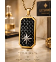 Premium Tasarım Karbon Fiber Detaylı Gold Çelik Kuzey Yıldızı Pusula Kolye