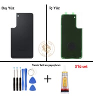 Samsung Galaxy S22 Plus Siyah Renk Arka Kapak + Tamir Seti + B7000 Yapıştırıcı Arka Cam Batarya Kapağı Pil Kapağı Lazer Kesim Back Cover Galaxy S22 Plus Uyumlu