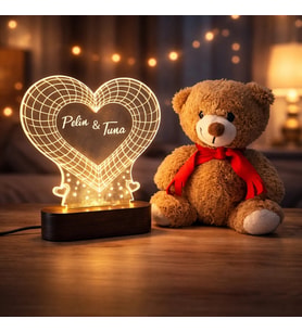 Sevgililer Günü’ne Özel İsimli Kalpli 3D LED Gece Lambası & Peluş Ayıcık Seti