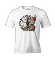 A Vintage Clock and a Colorful Butterfly Beyaz Erkek Tshirt