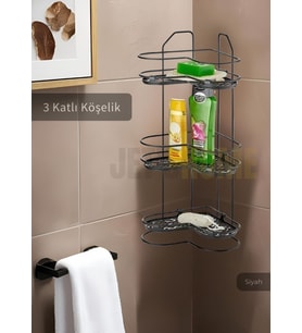 Banyo Rafı Mutfak Rafı Paslanmaz Baharatlık 3 Katlı Köşelik Şampuanlık Siyah