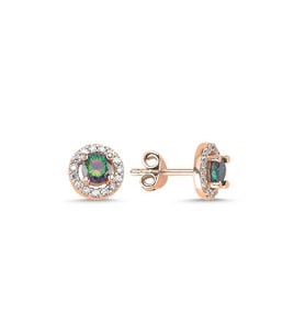 925 Ayar Gümüş Halo Tektaş Mistik Topaz Kadın Küpe (Rose)