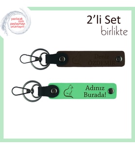 Patileriyle Kalbine Gelenler İçin, Kedili, Kişisel Anahtarlık, Koyu Kahve-Fıstık Yeşil