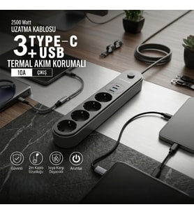 Termal Akım Korumalı 4 Prizli USB Girişli Uzatma Kablosu
