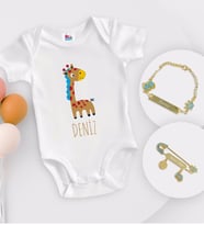 BK Kids Kişiye Özel İsimli Beyaz Bebek Body Zıbın Erkek Bebek Künyesi ve İğnesi Hediye Seti-17