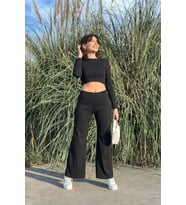 Nare Siyah Crop Bluz-i·spanyol Paça Pantolon Alt Üst Takım (Siyah)