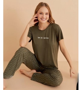 Mihra Kadın Bisiklet Yaka MİLAN Likralı Kısa Kol Pijama Takımı 50107H - 1 Adet (Haki)