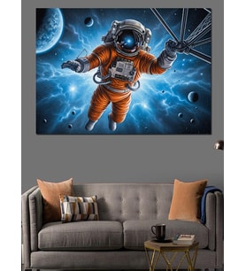 Mavi Neon Işıklı Uzaydaki Astronot Dekoratif Kanvas - Mdf Ahşap Tablo