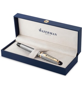 Waterman Expert Paslanmaz Çelik Altın Tasarımlı Dolma Kalem, Orta Kalınlıkta Uç, Mavi Mürekkep