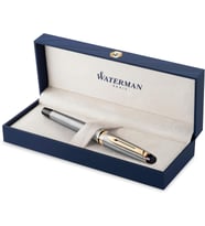 Waterman Expert Paslanmaz Çelik Altın Tasarımlı Dolma Kalem, Orta Kalınlıkta Uç, Mavi Mürekkep