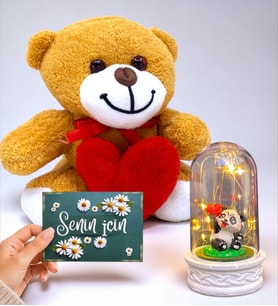 Kalpli Sevimli Peluş Ayıcık, Senin İçin Kartı ve Led Işıklı Fanus Seti (Model 4)