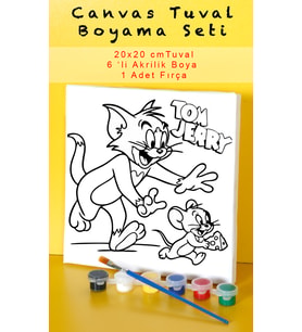 Kedi Fare Çocuk Boyama Seti - Tuval Boyama Seti 20x20 Çocuk Hobi Seti Akrilik Boyalı Ön Çizimli