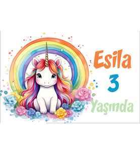 Unicorn ve Gökkuşağı Temalı Doğum Günü Afişi -1 35X50 cm