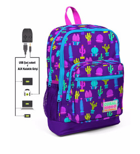 Coral High Kids Dört Gözlü Kız Çocuk İlkokul Çantası - Kaktüs Desenli - USB+AUX Soketli