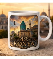 42 Konya Mevlana Türbesi Gün Batımı Tasarımlı Baskılı Kupa, Tarihi Şehir Manzaralı Konya Memleket Hediyesi