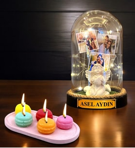 Kişiye Özel Hediye Seti  Led Işıklı İsimli ve 3 Fotoğraflı Fanus & Makaron Kokulu Mum (Model 2)