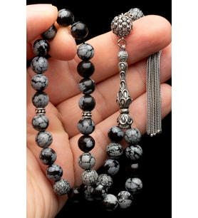 Erkek Gümüş Püskül Gümüş İmame 8mm Obsidyen Taşı + Doğaltaş Tespih (Gri)