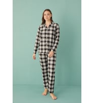 Kadın 20501-582 Uzun Kol Önü Düğmeli Süet Pijama Takımı SİYAH-BEYAZ