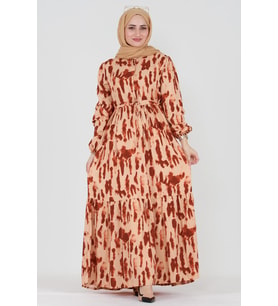 Batik Desen Gizli Düğmeli Viskon Elbise-Bordo